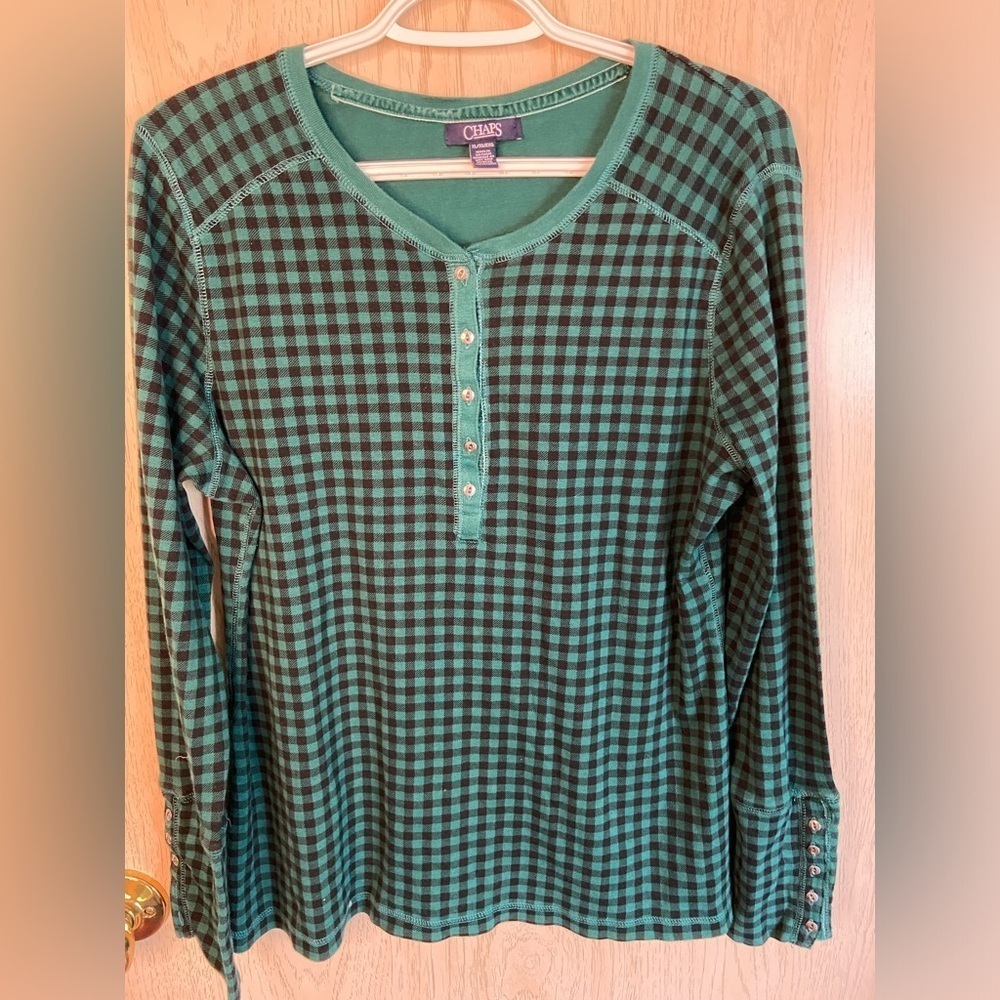 Chaps Green & Black Buffalo Plaid Checker Long Sleeved Henley Shirt Sz XL
